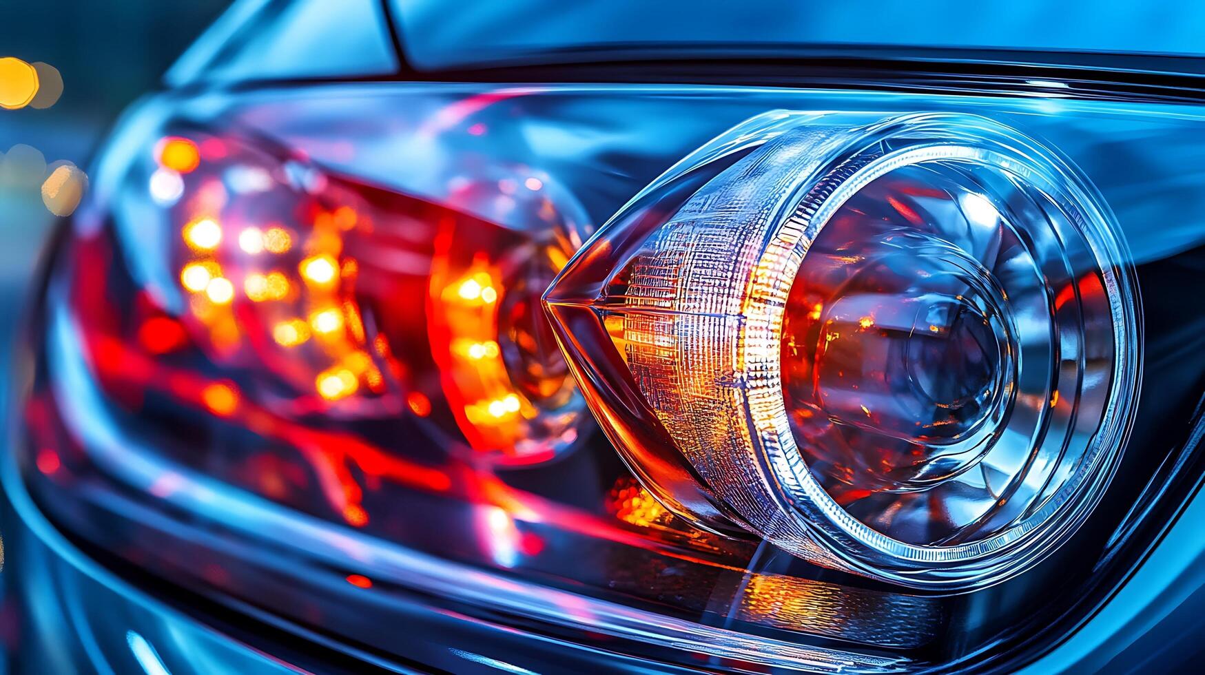 Detailed Look at Car Headlights with Reflections and Light Play photo