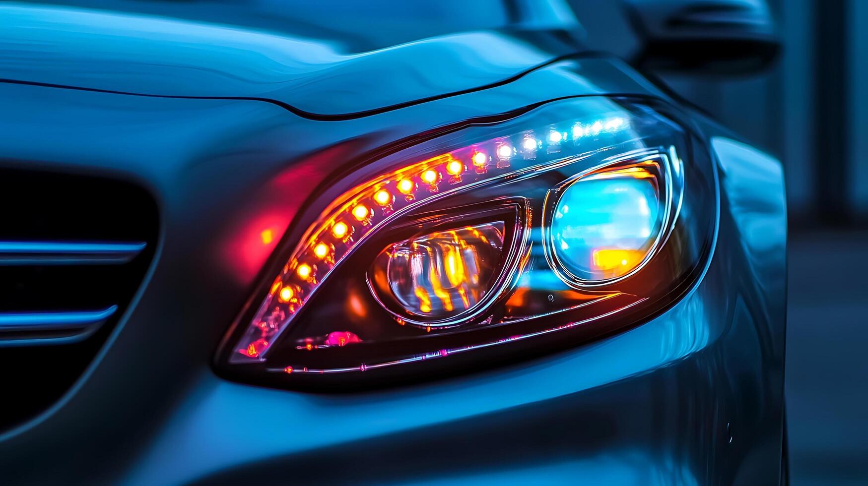 Iconic Mercedes LED Headlights Front and Center with Blurred Context photo