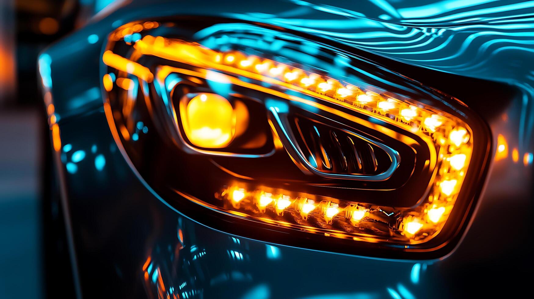 Mercedes LED Headlights Showcase Sleek Design with a Blurry Background photo