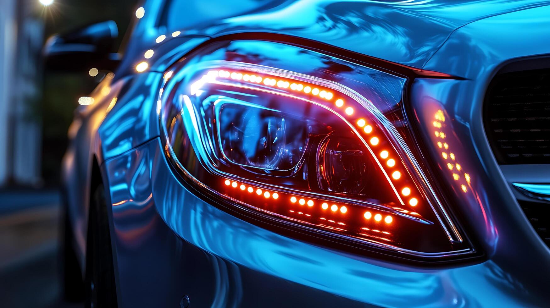 Close-Up of Mercedes LED Headlights with a Blurry Background View photo