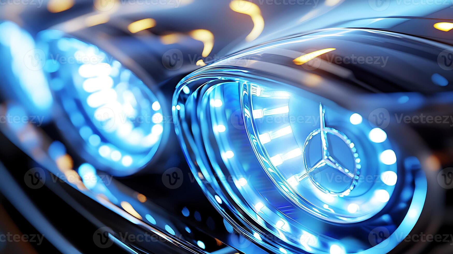 Shimmering Mercedes LED Headlights Paired with a Subtle Blurred Backdrop photo