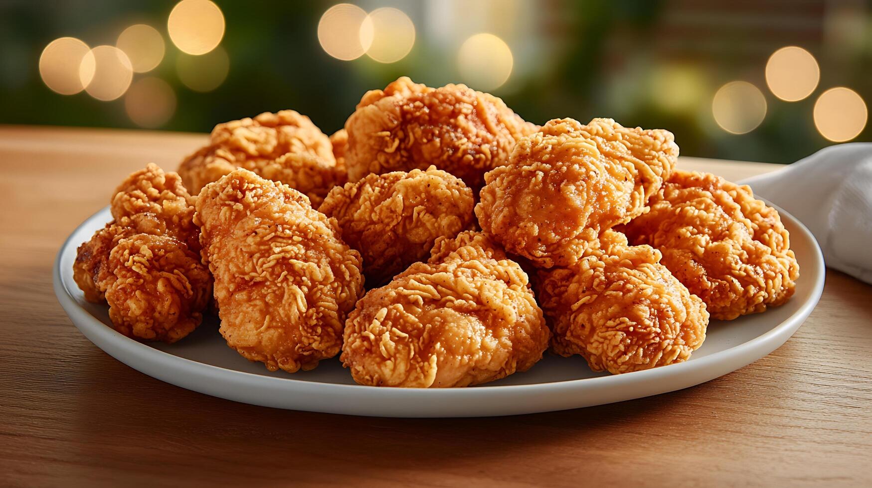 Golden Brown Chicken Fry Plated with Artistic Bokeh Effects photo