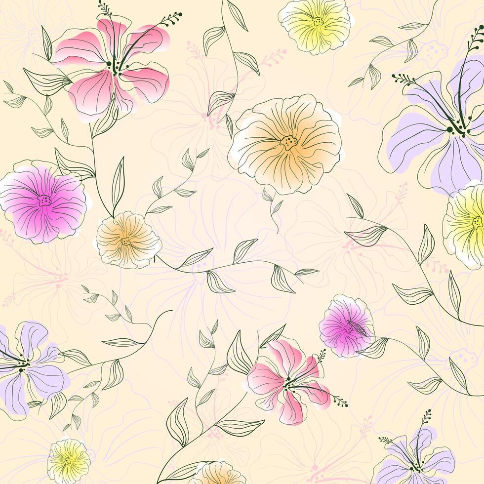 hand drawing pattern with hibiscus flowers and leaves. vector