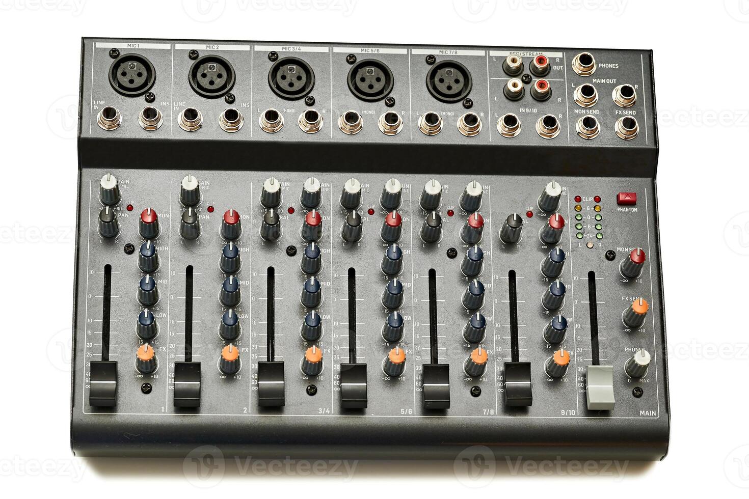 Mixing console for controlling the volume, frequencies of musical instruments photo