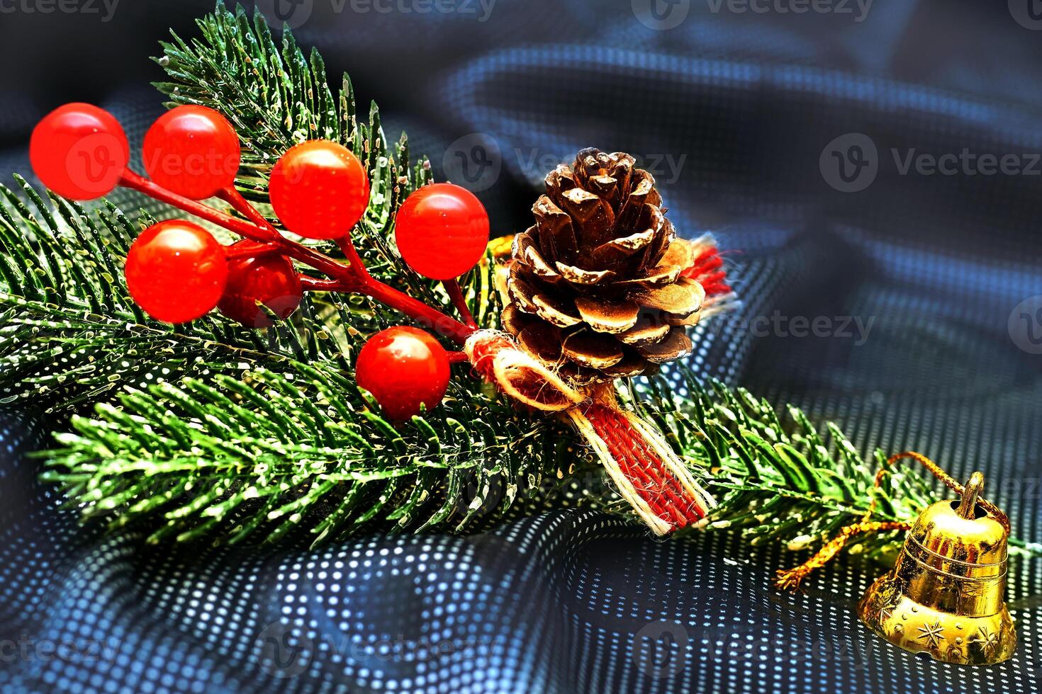 New Year. Branch of Christmas trees with cones,berries.Bell photo