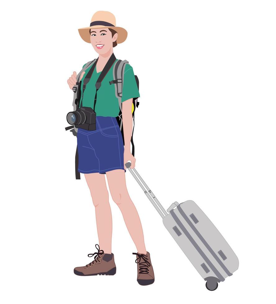 villustration of a female tourist wearing a hat and carrying a camera and travel suitcase vector