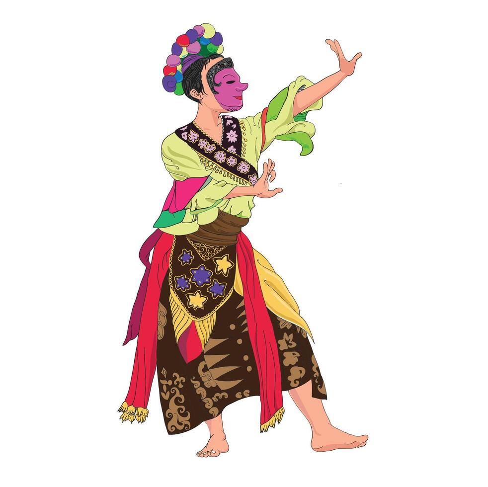 Woman dancing the Cisalak mask dance wearing a wooden mask vector