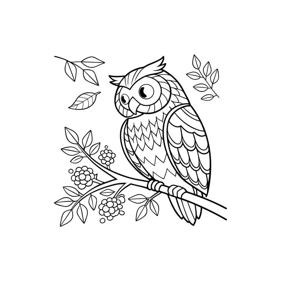 An owl sitting on a branch coloring page vector