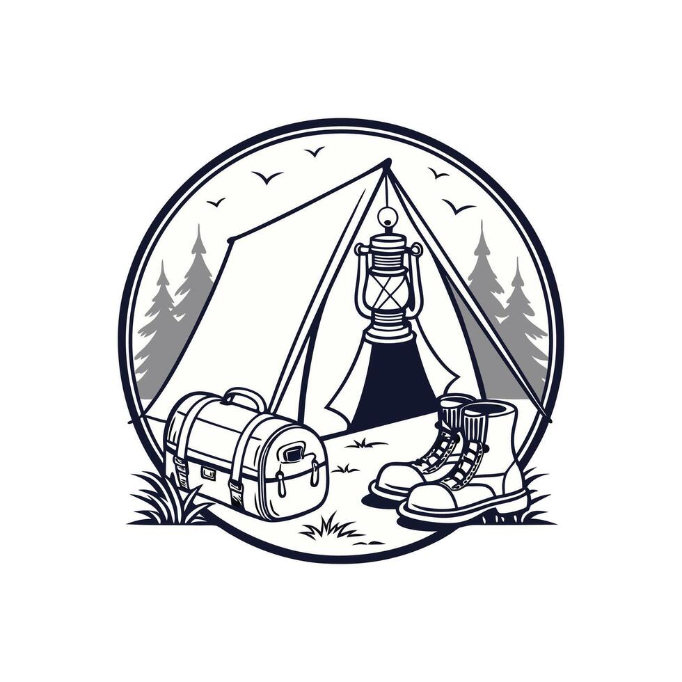 Camping tent, hiking boots, and a lantern vector