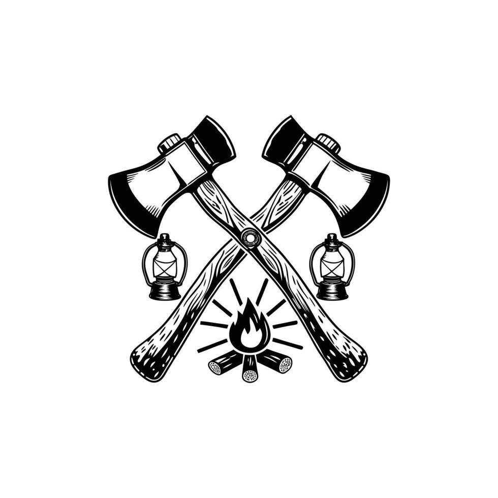 Two crossed axes and a lantern with a campfire vector