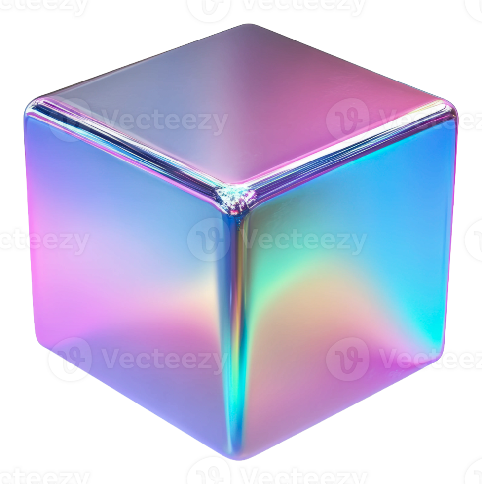 Iridescent cube on white backdrop png