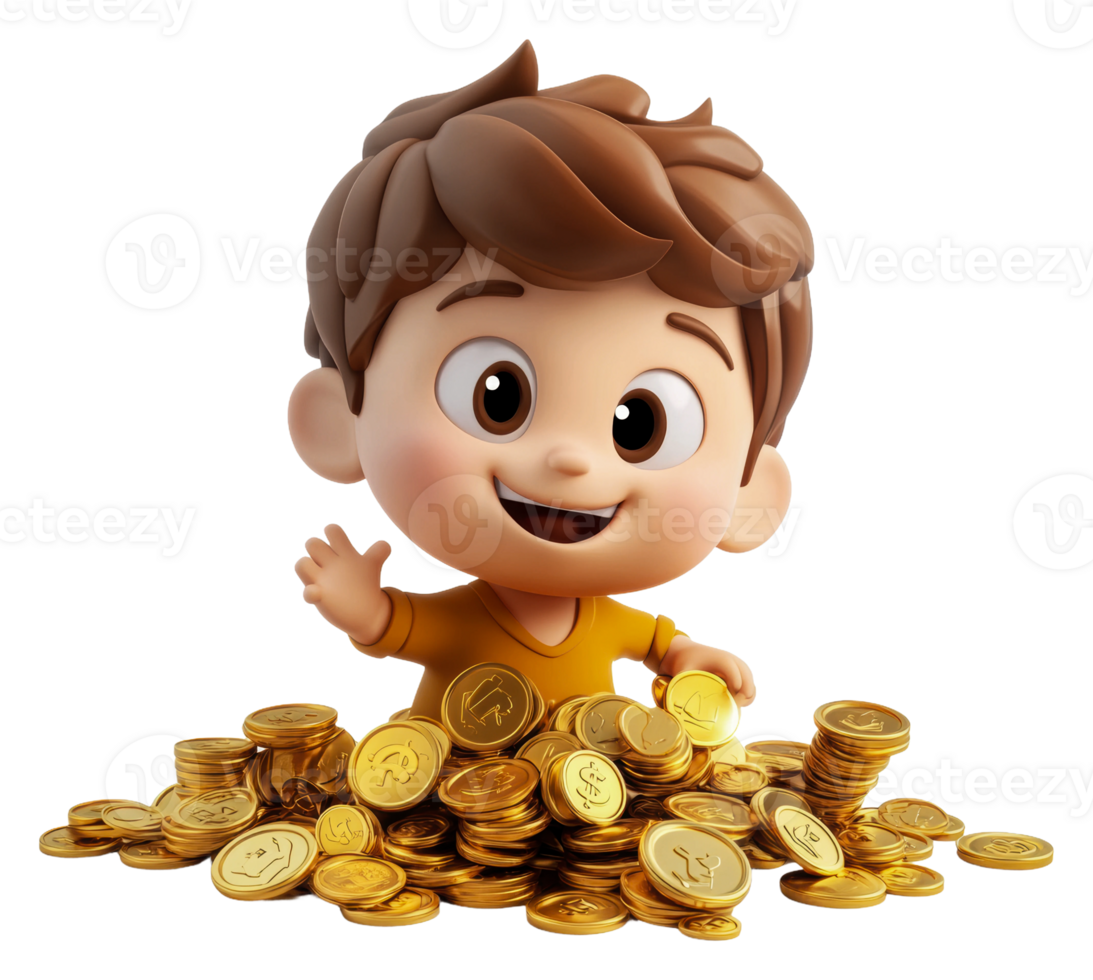 Happy child with treasure coins png