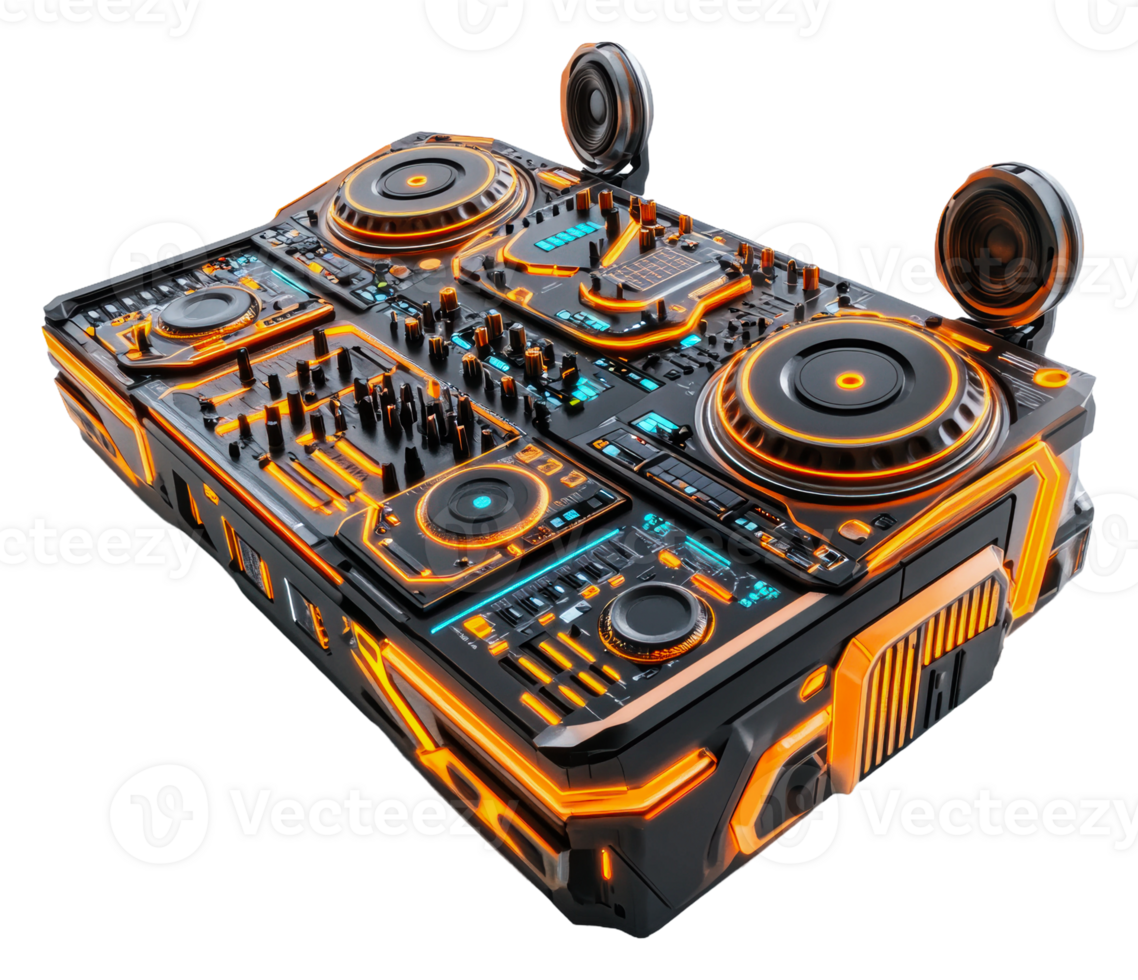 High-tech DJ equipment with vibrant neon lights png