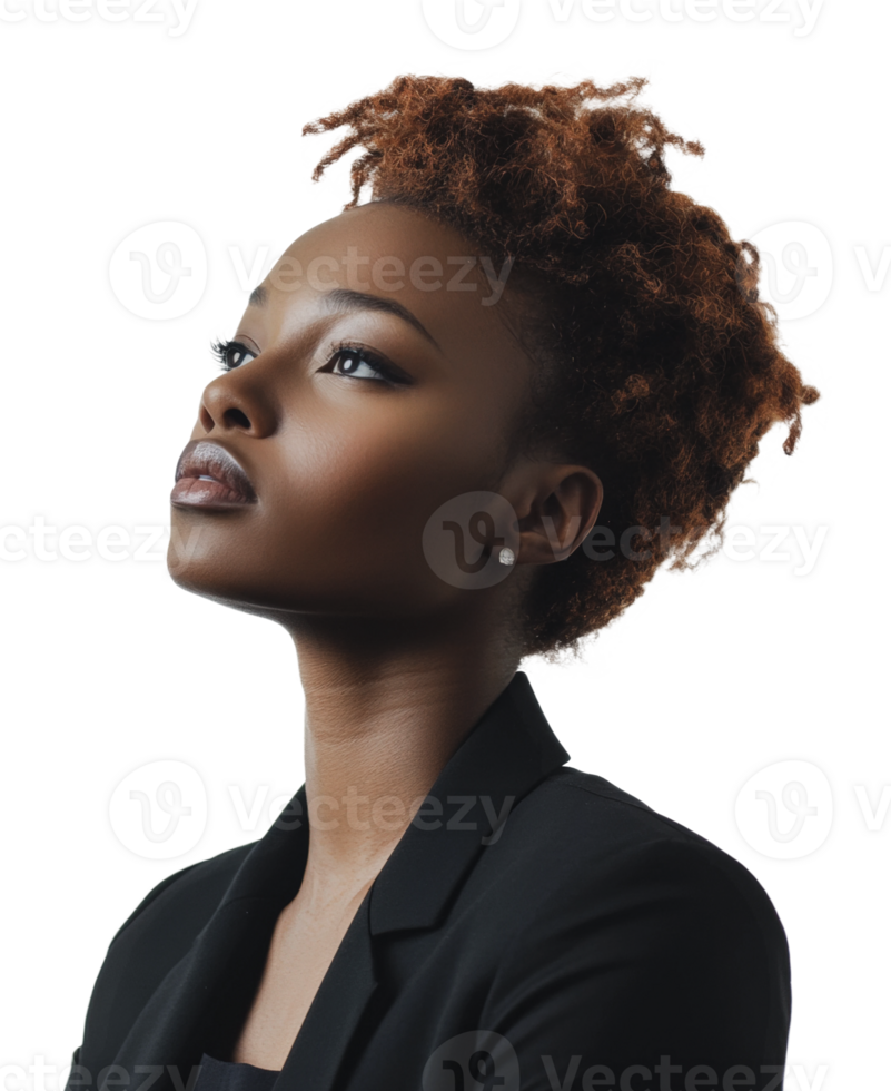 Confident woman in stylish black attire poses png