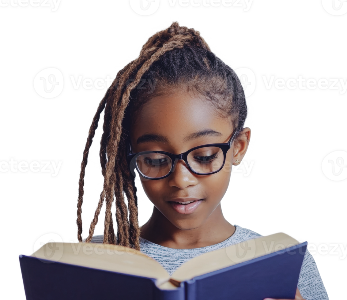 Young girl reading a book with interest indoors png