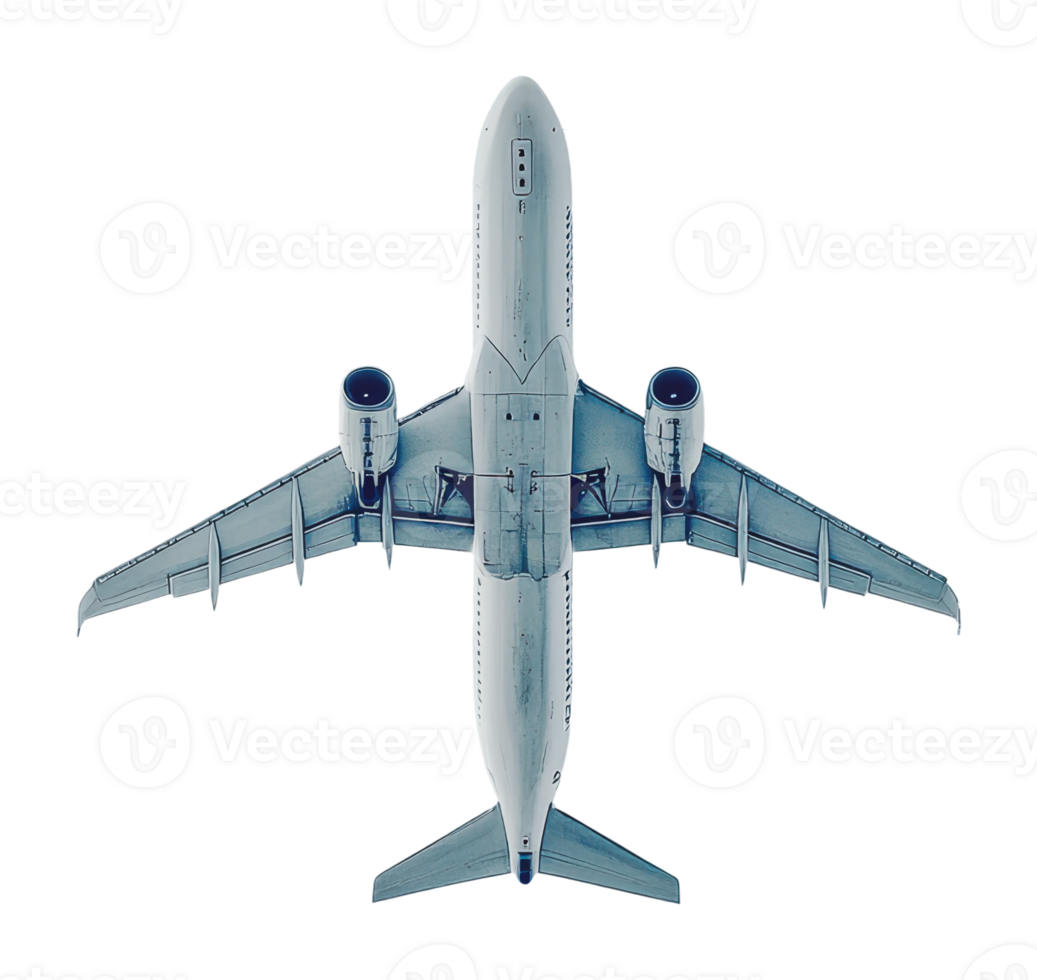 Airplane flying overhead in clear blue sky png
