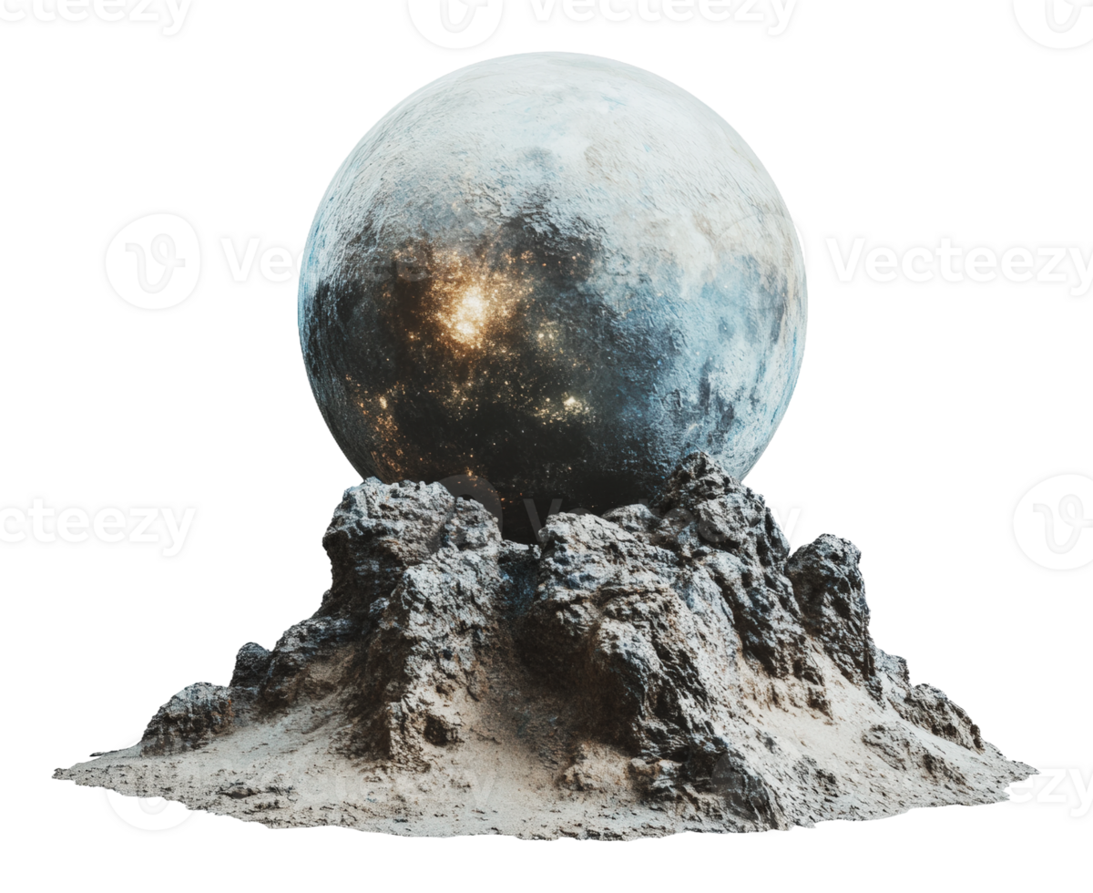 Planet resting on rocky surface in cosmic setting png