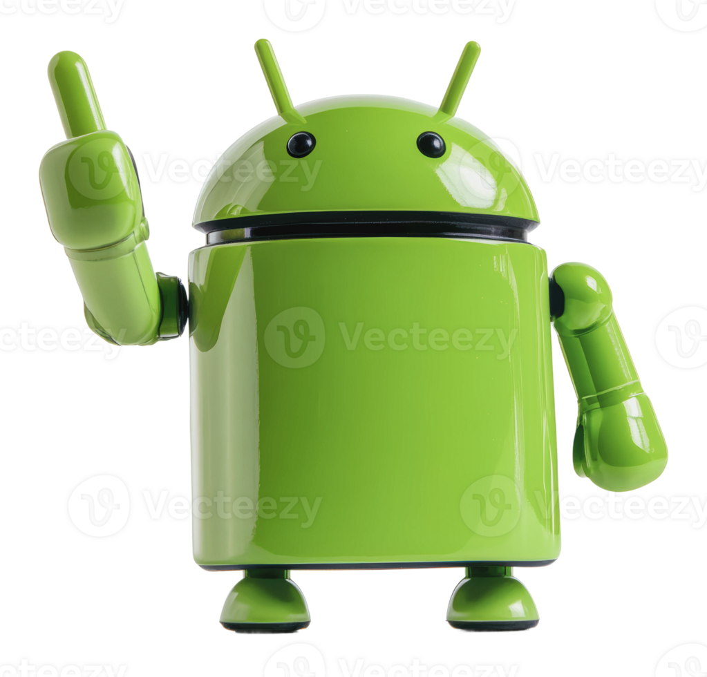 Cheerful green robot waves in bright scene png