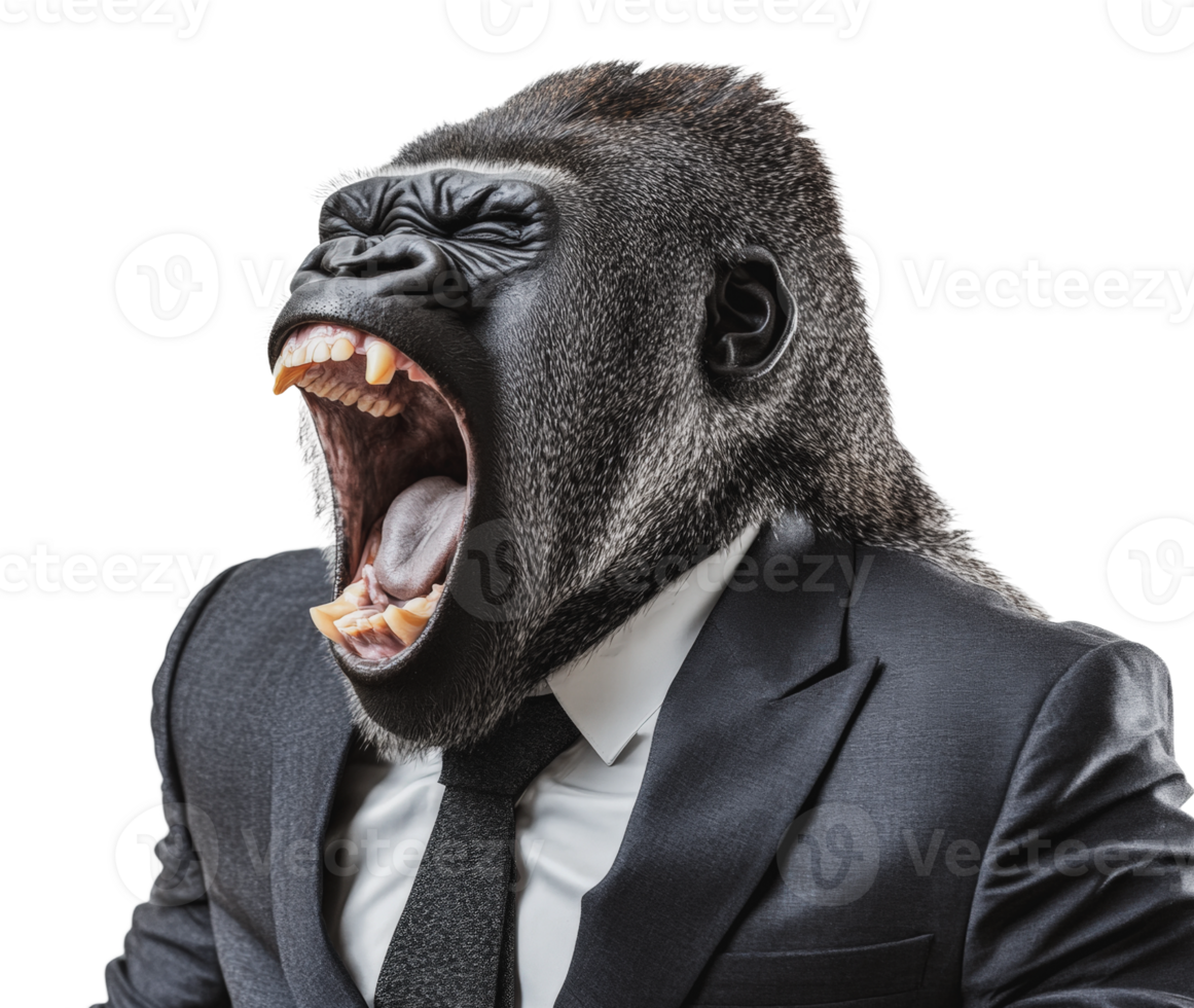 Gorilla wearing a suit yawns in a playful manner png