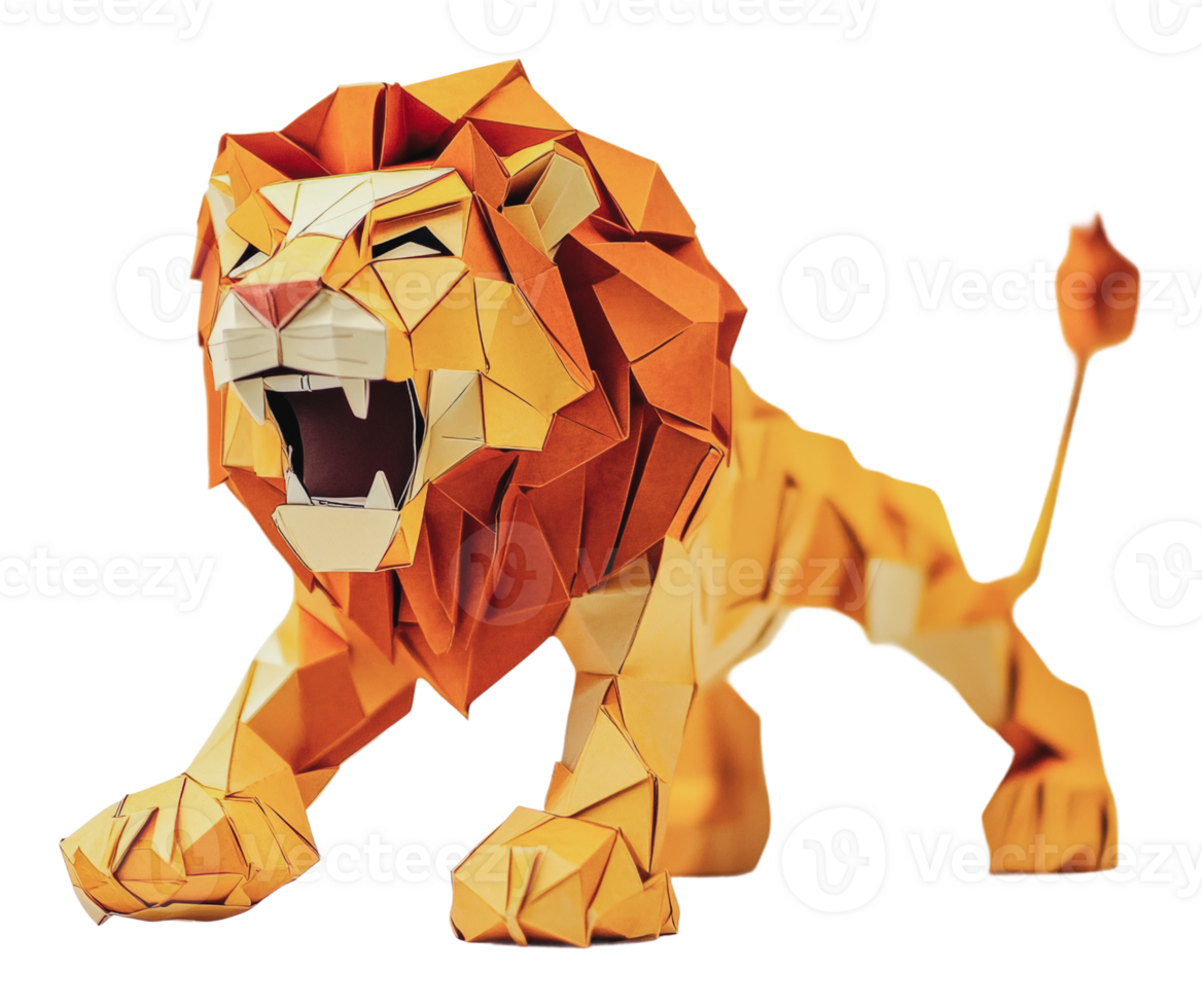 Detailed origami lion sculpture in vibrant colors png