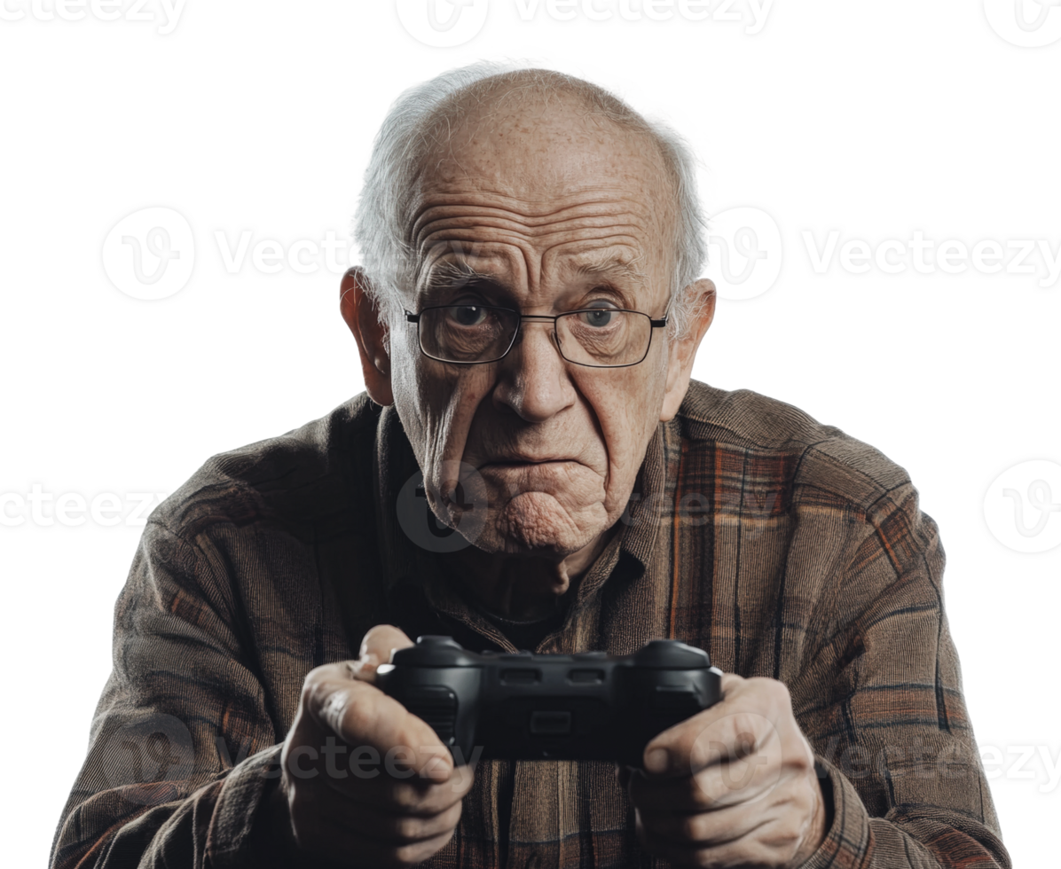 Elderly man playing games with concentration png