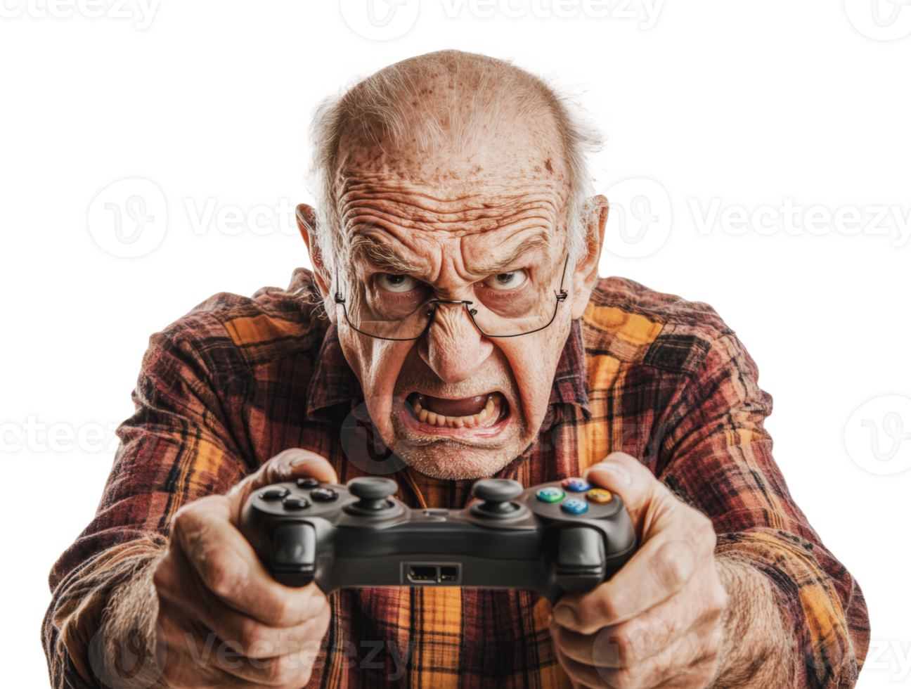 Elderly man intensely playing games png
