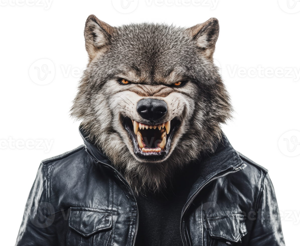 Fierce wolf character in leather jacket display png