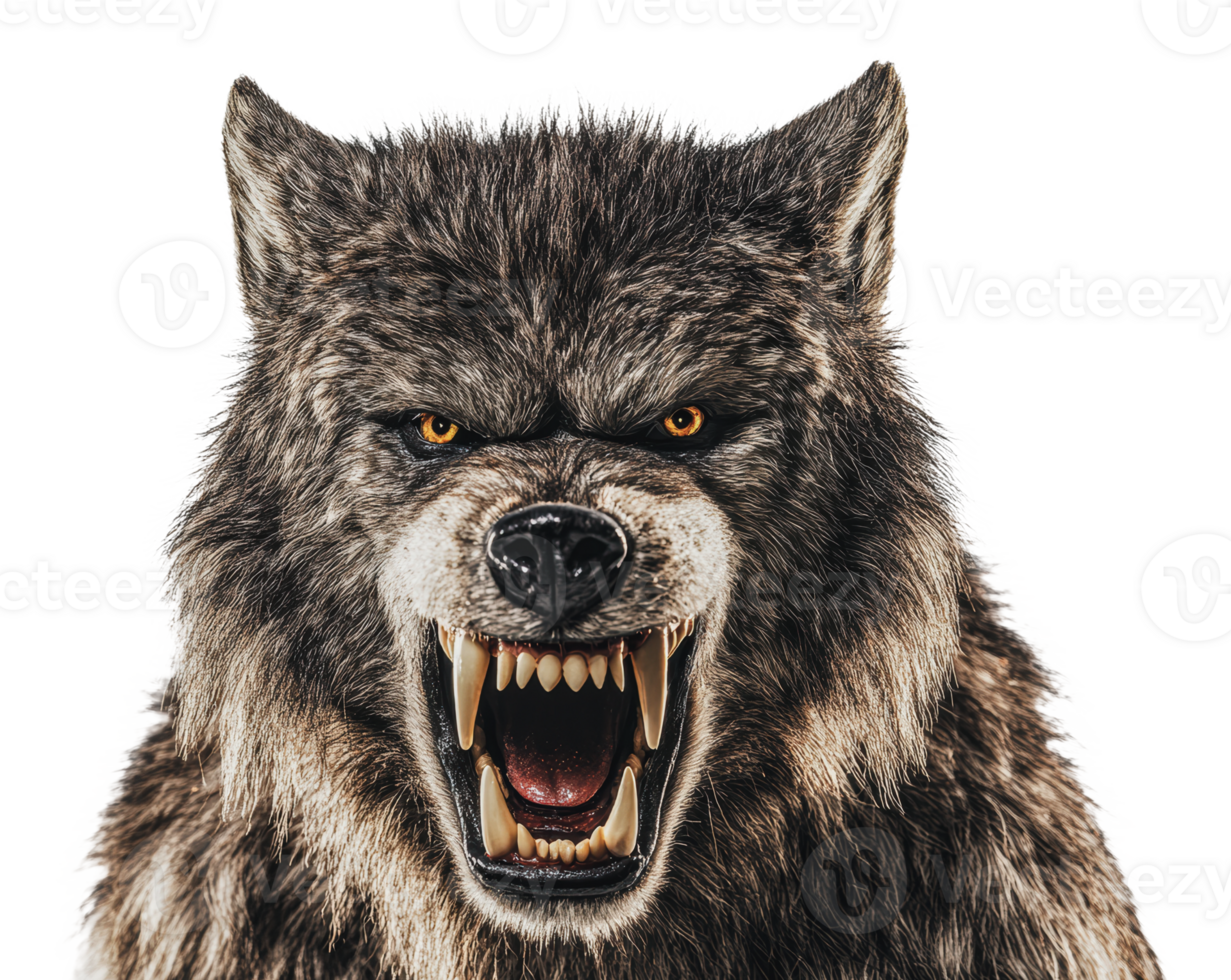 Fierce wolf with sharp teeth and intense gaze png
