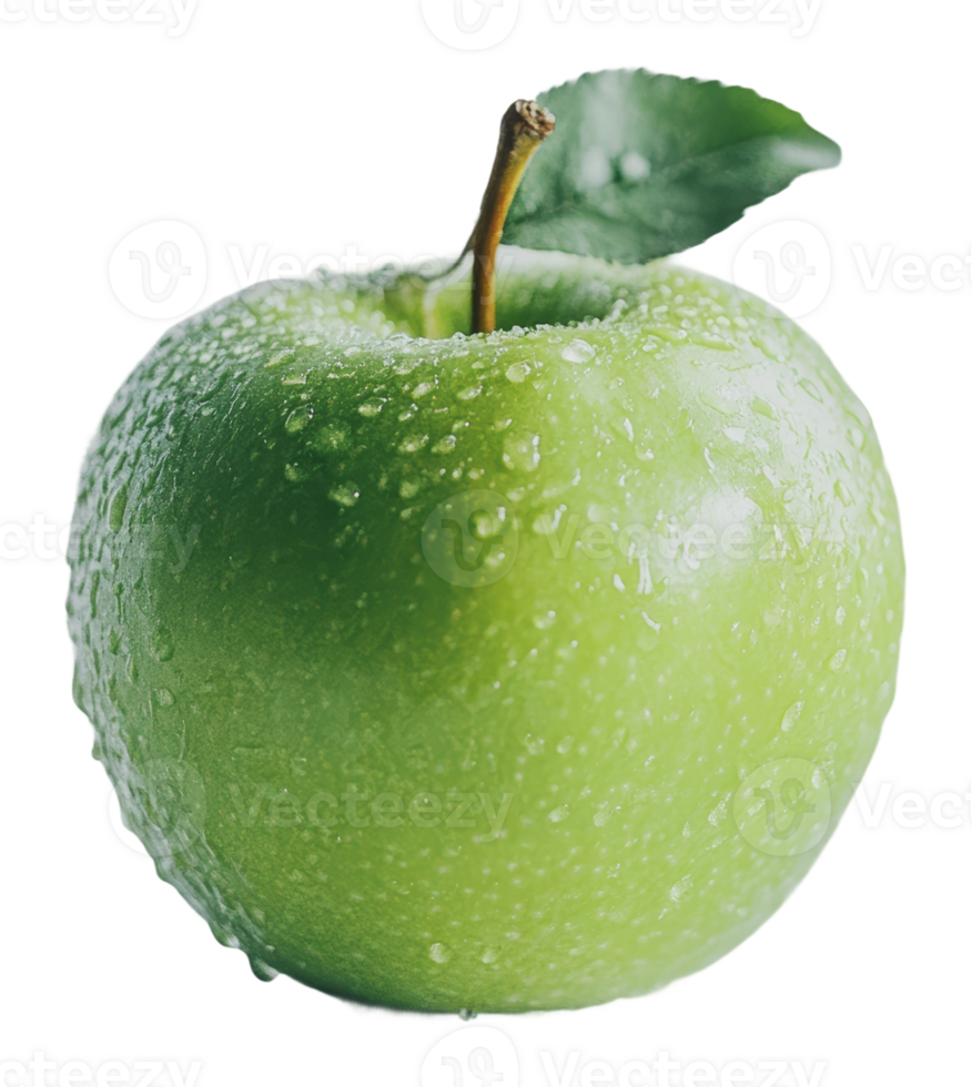 Fresh green apple covered in water droplets png
