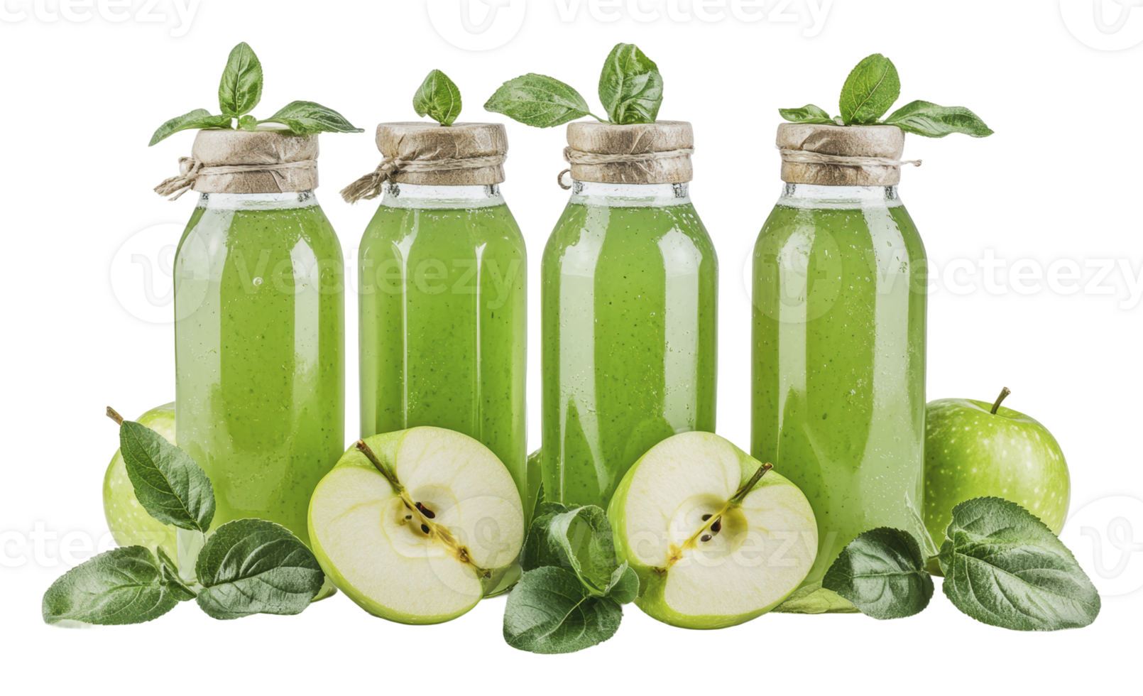 Fresh green juice bottles with apples and leaves png