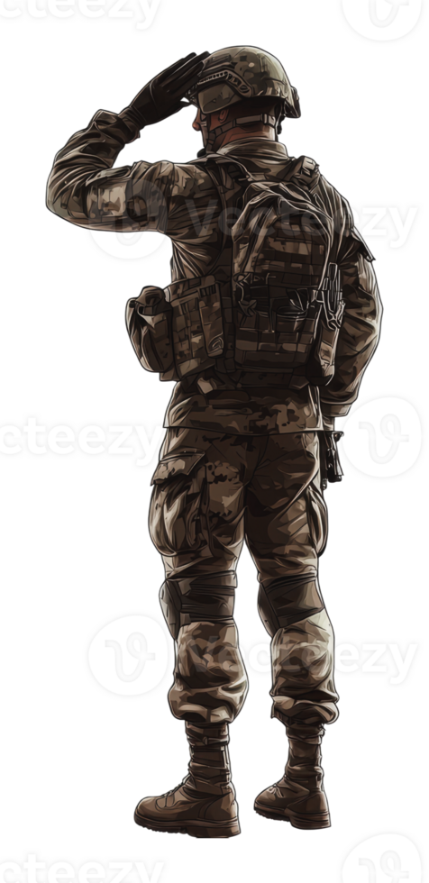 Soldier in camouflage saluting at dawn png