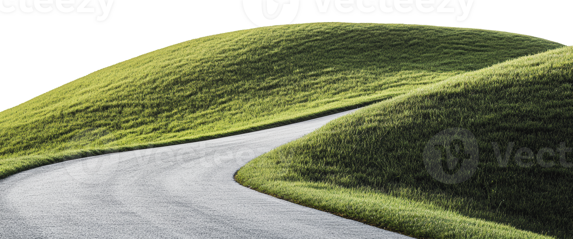 Curved road through lush green hills in daylight png