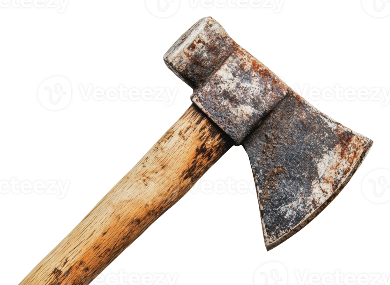 Rustic axe with worn wooden handle and metal blade png
