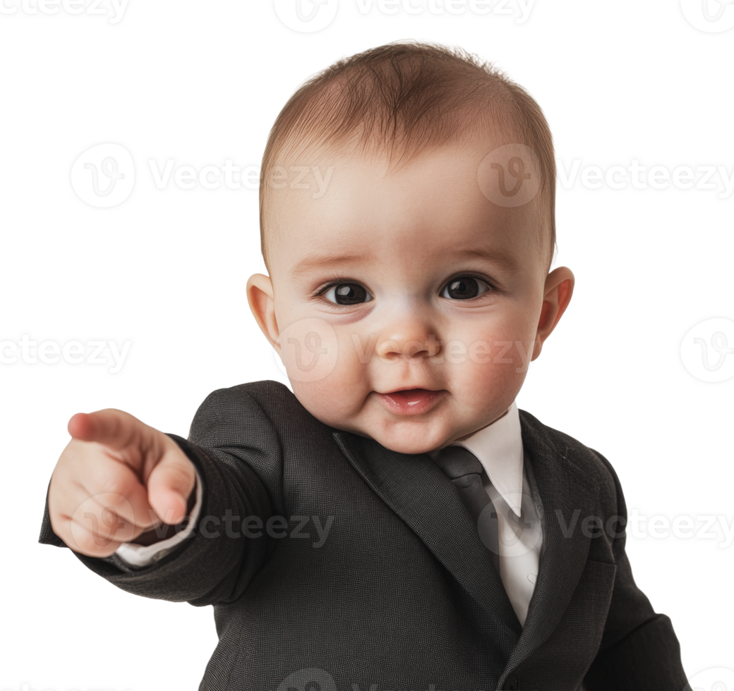 Cute baby in a suit pointing confidently at camera png