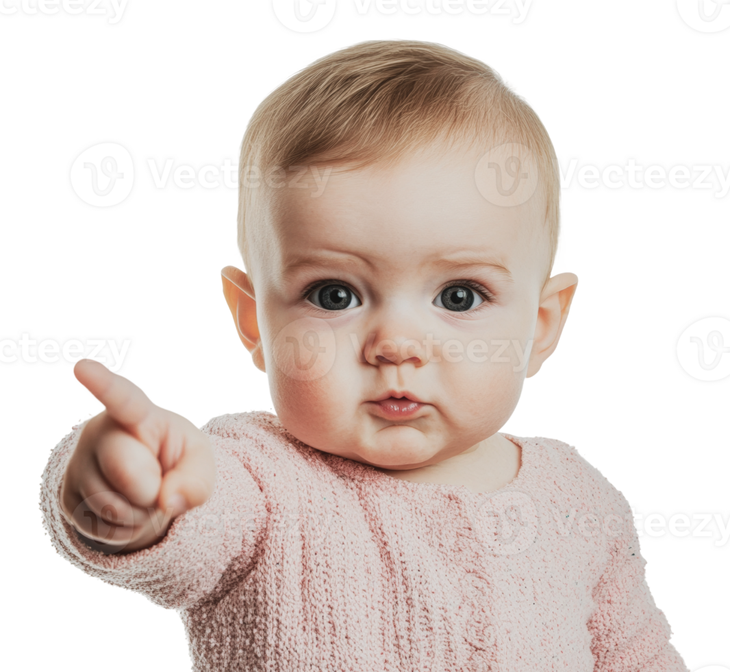 Baby pointing with curiosity in playful expression png