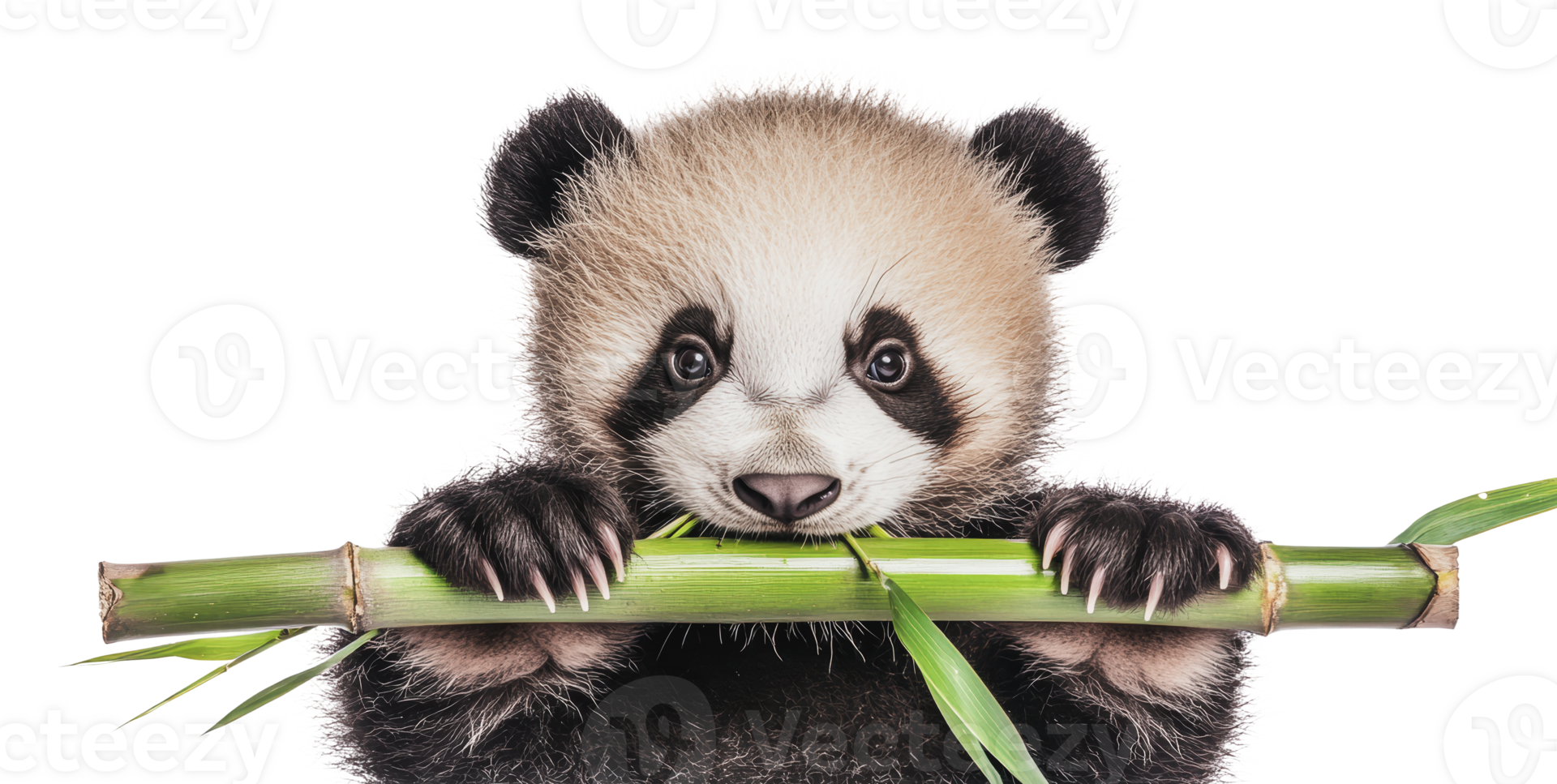 Young panda eating bamboo in a playful manner png