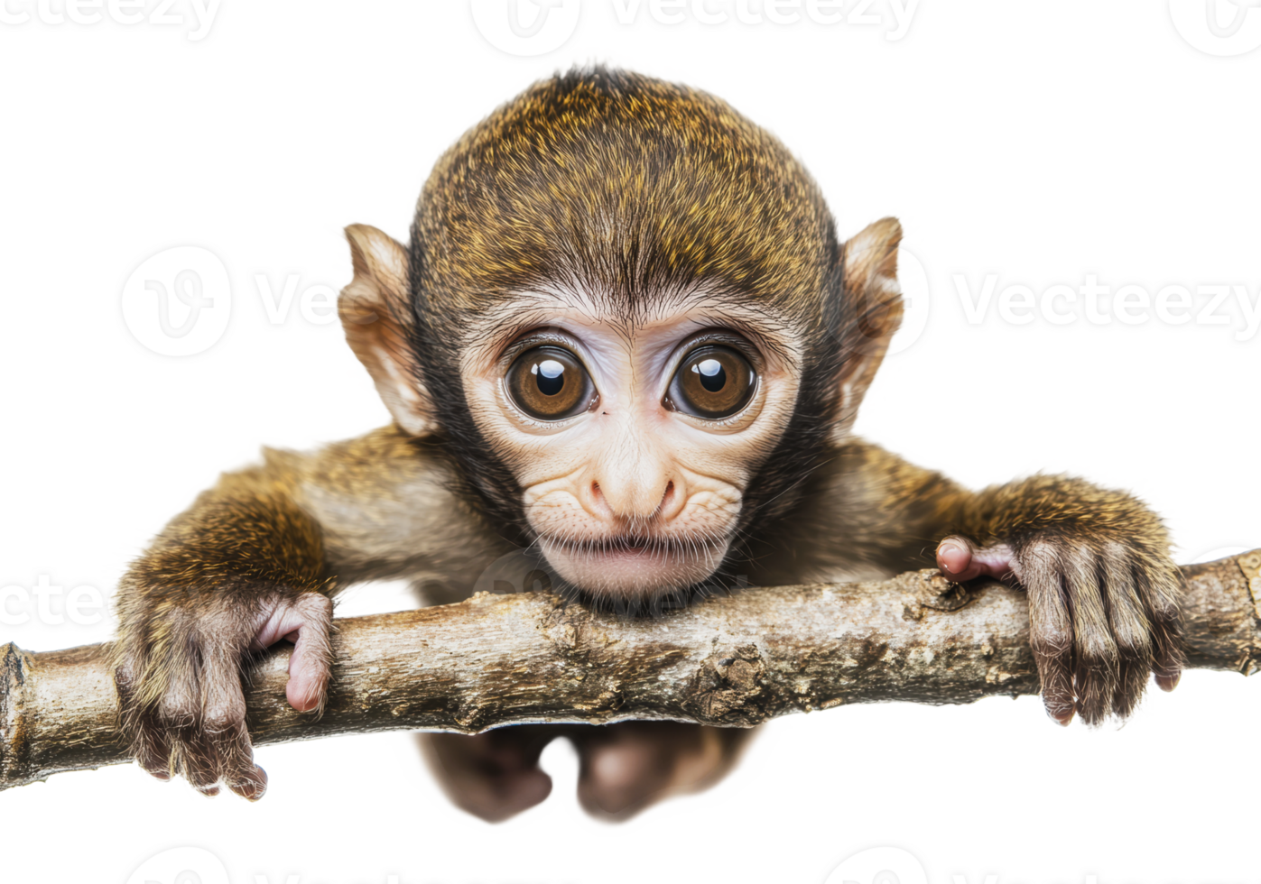 Curious baby monkey clinging to a branch png