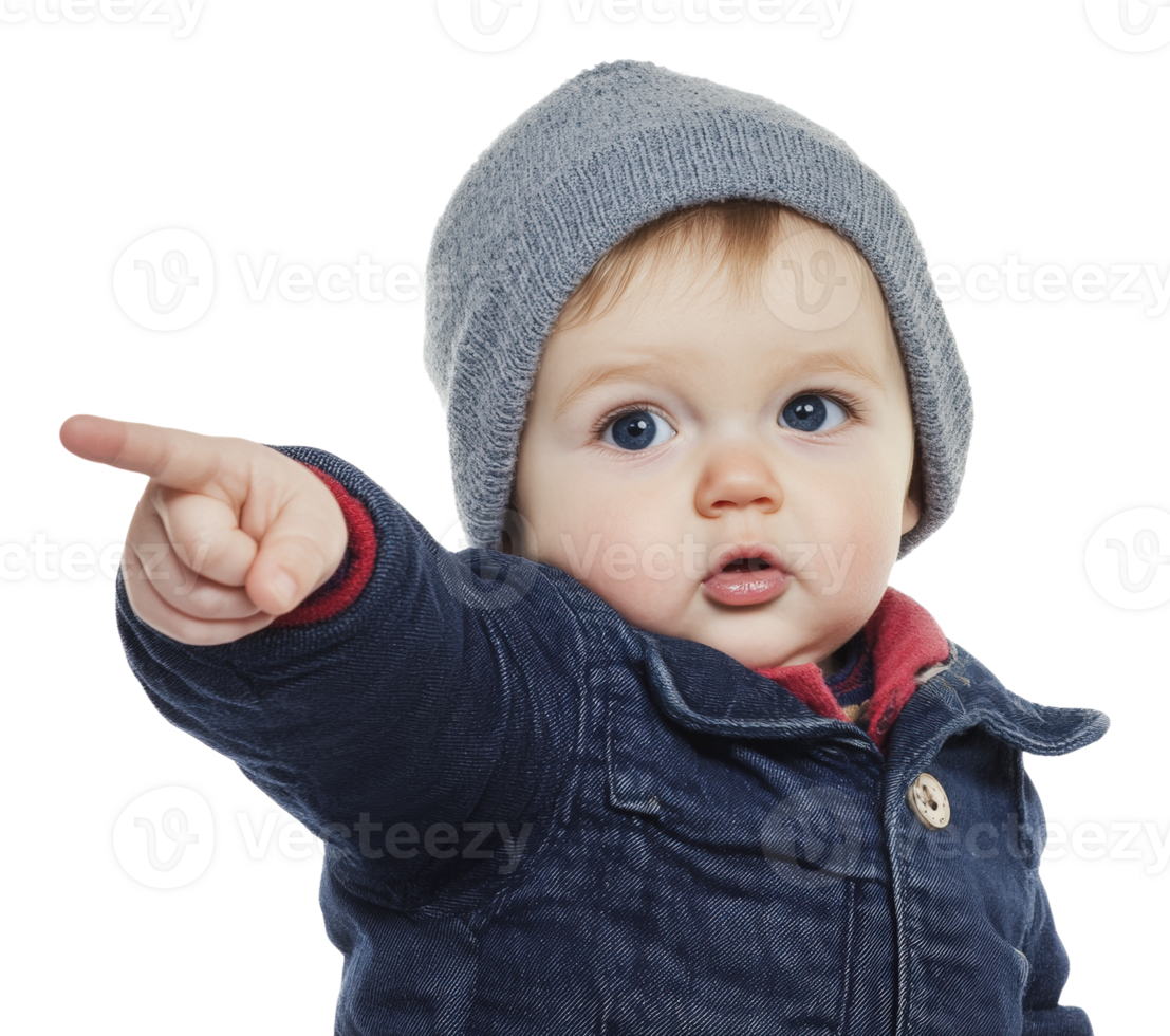 Baby in beanie points in cozy space png