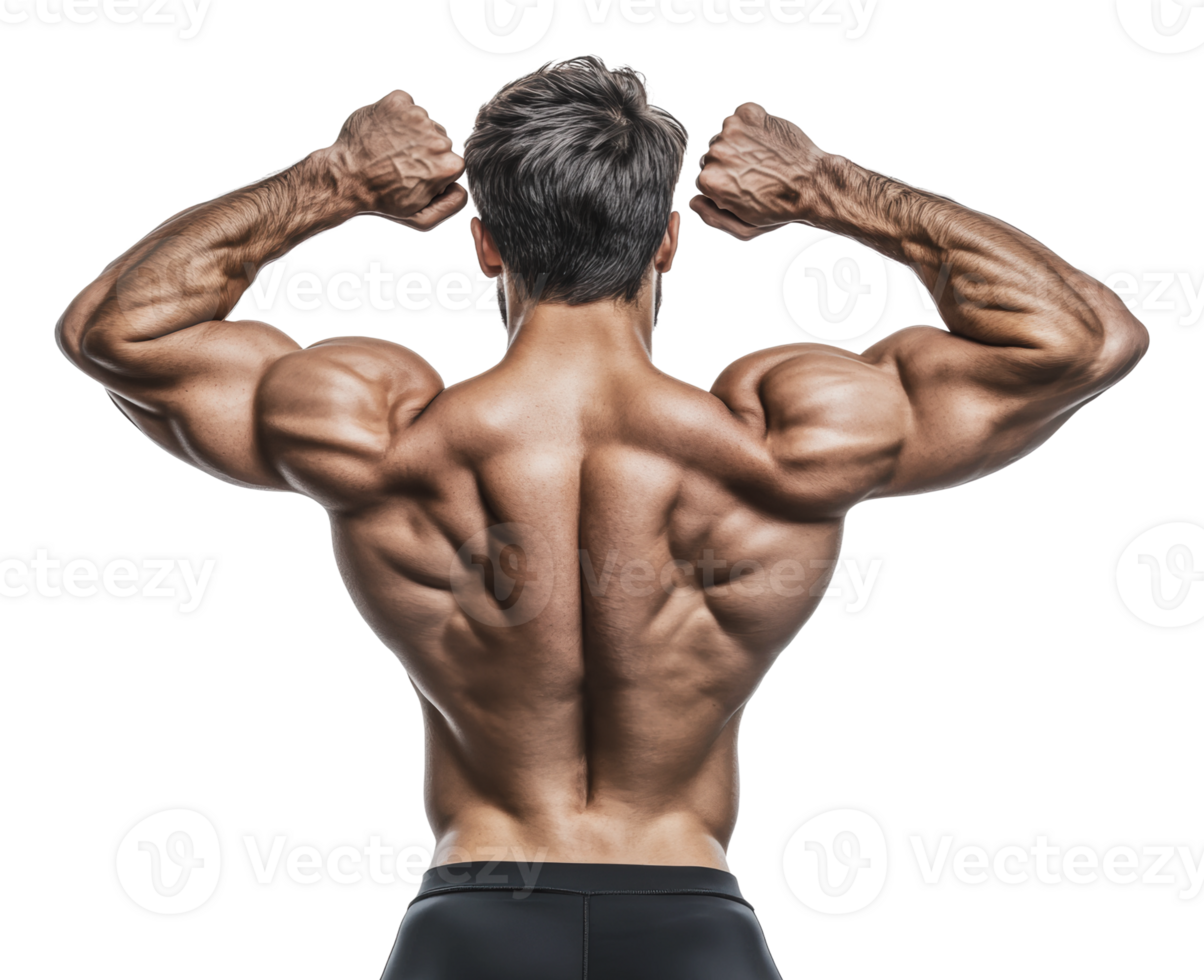 Muscular athlete flexing back muscles in studio png