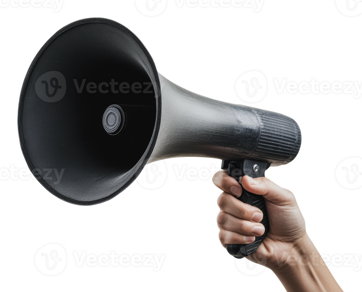 Hand holding a loudspeaker during a rally event png