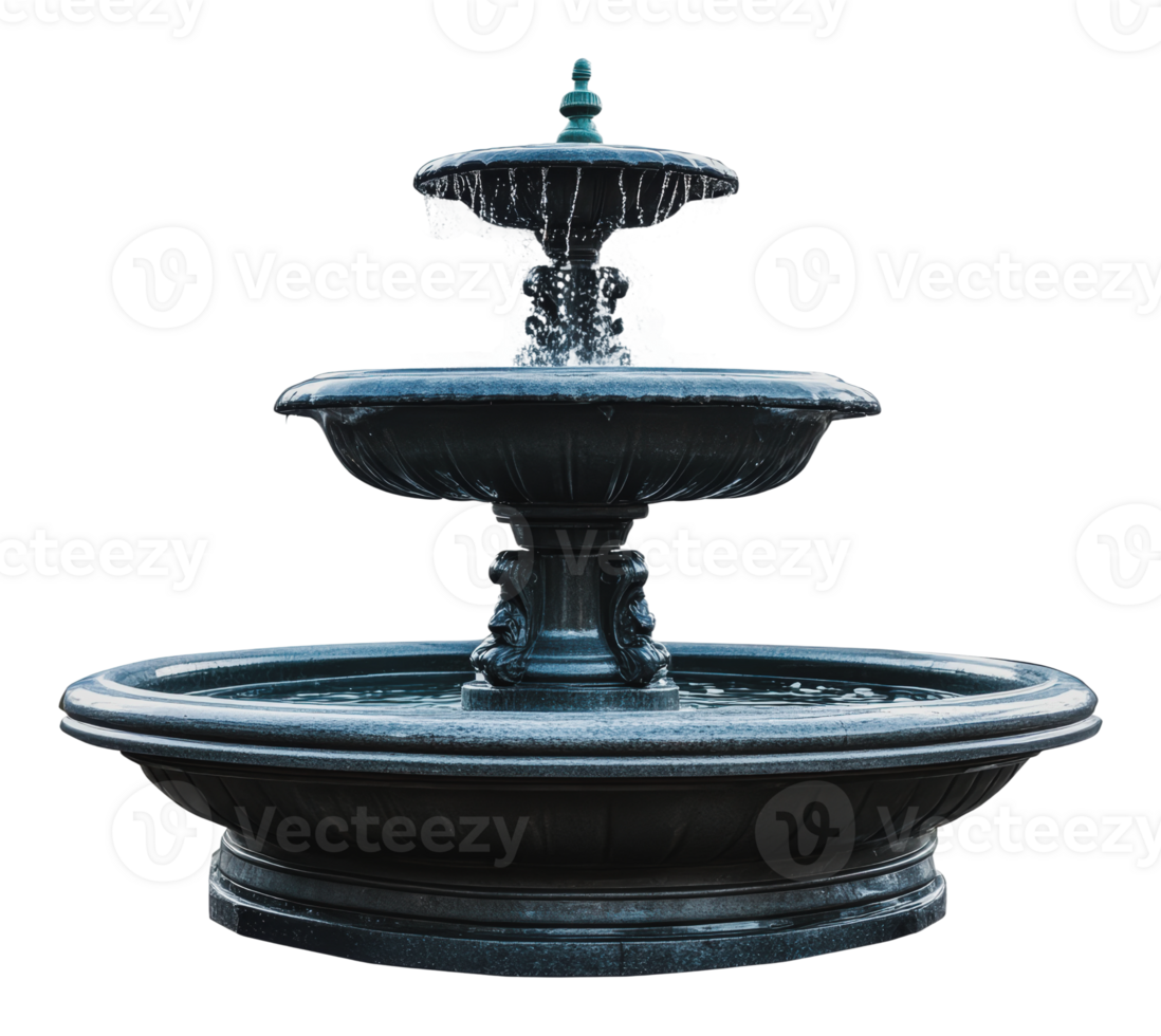 Elegant three-tiered fountain in a garden setting png