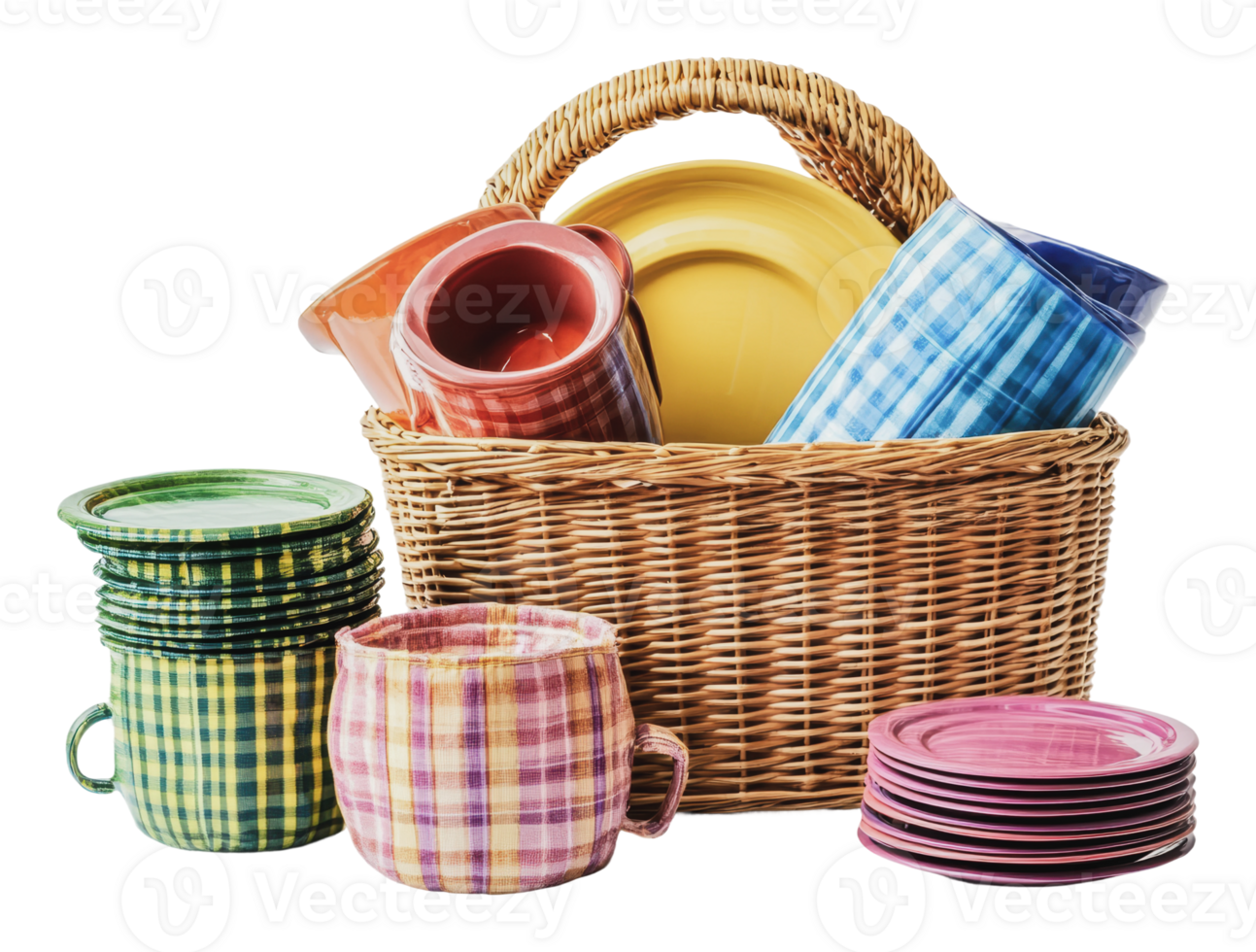 Colorful picnic set in basket png