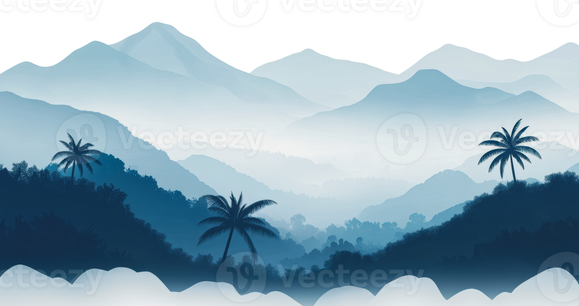 Serene mountain landscape with palm trees at dusk png
