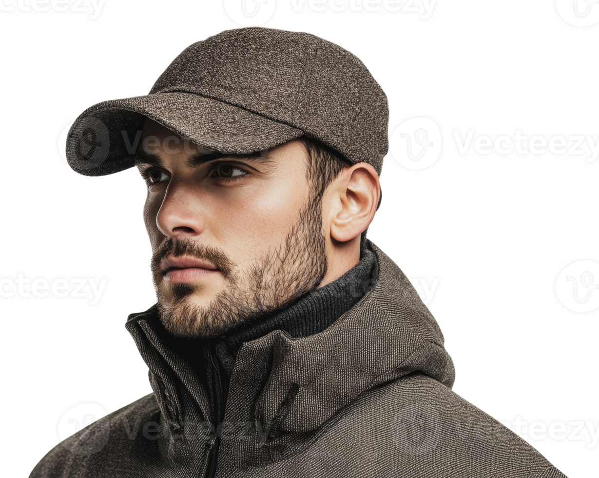 Man in cap wearing stylish outerwear indoors png