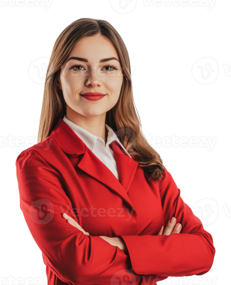 Confident woman in red blazer with arms crossed png