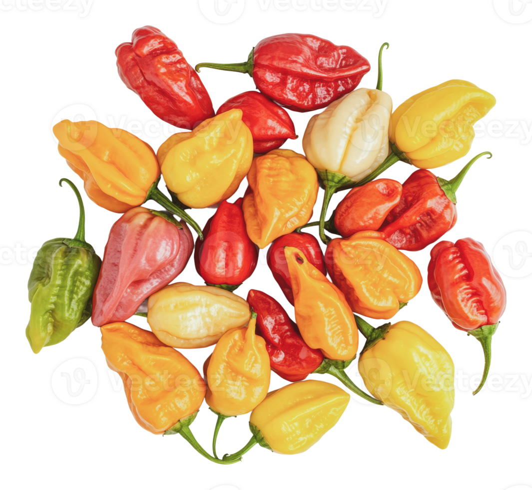 Colorful chili peppers arranged on a white surface png