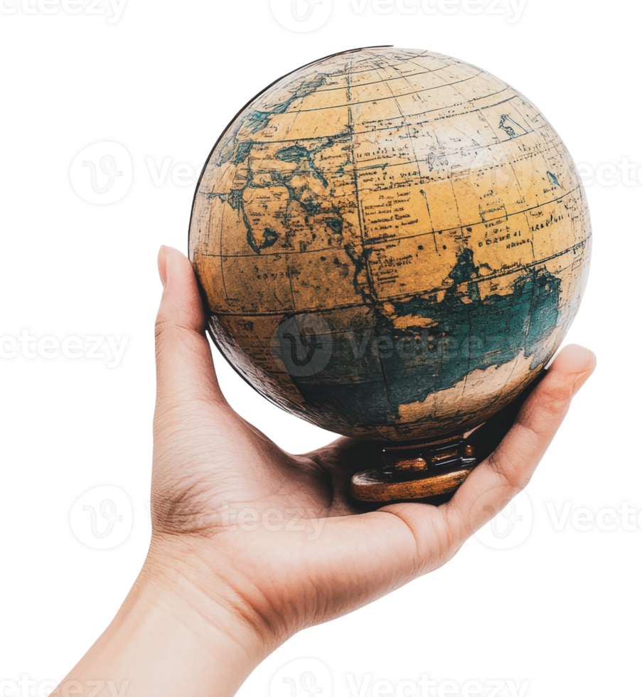 Holding a vintage globe in a hand for exploration png