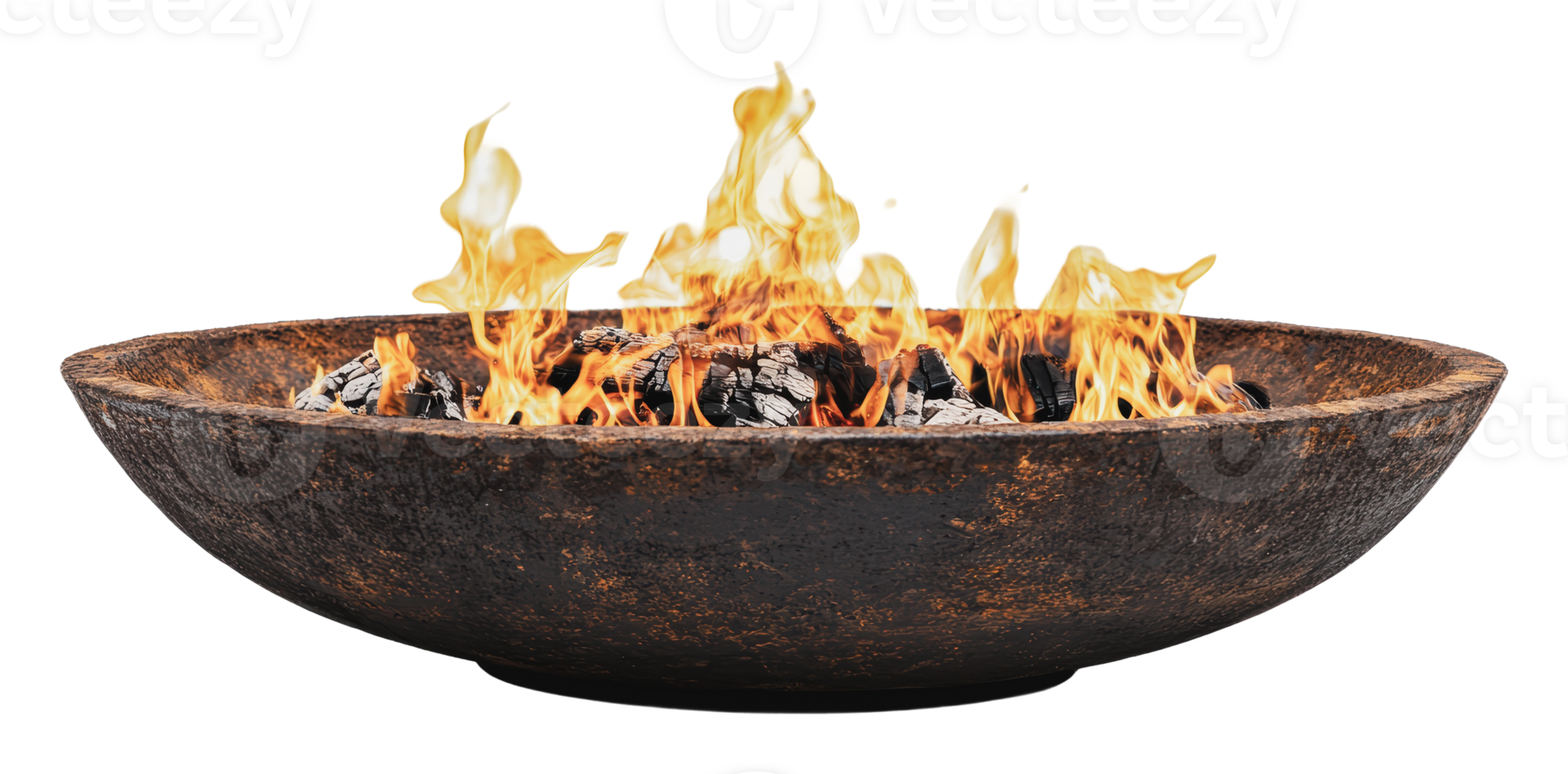 Large rustic fire pit with flames and logs burning png