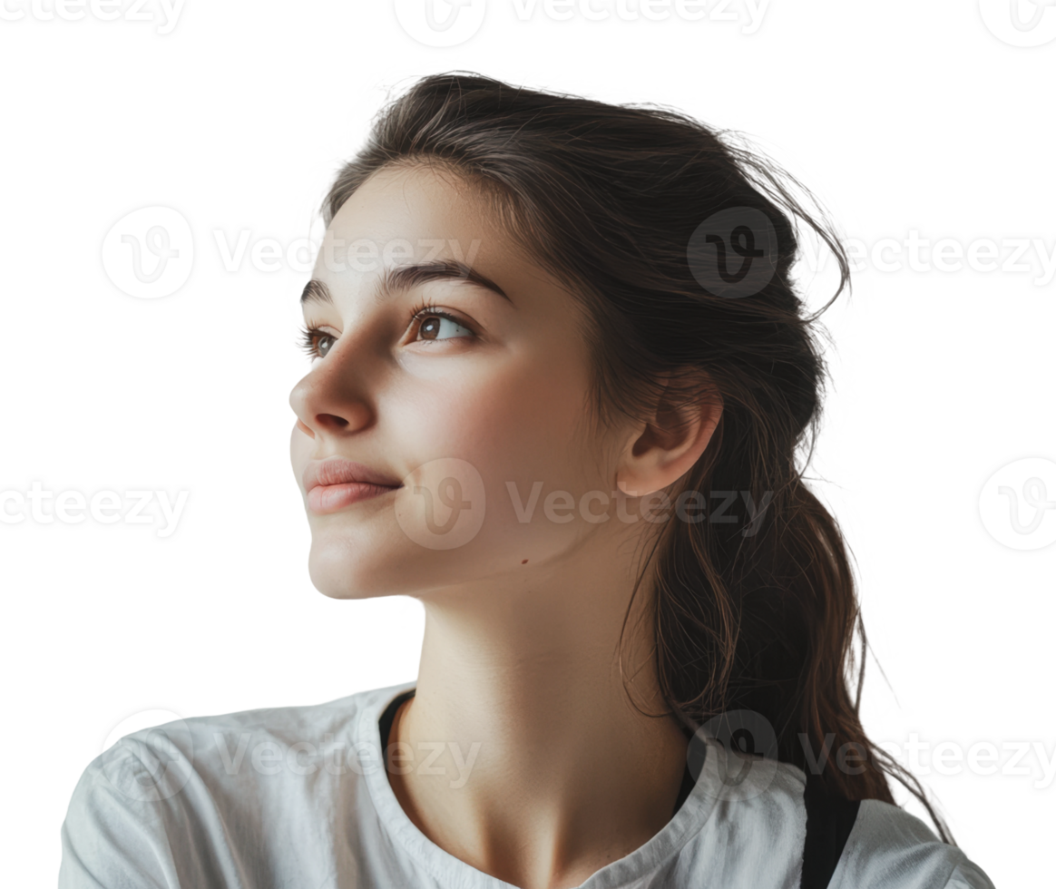 Thoughtful young woman with gentle gaze png