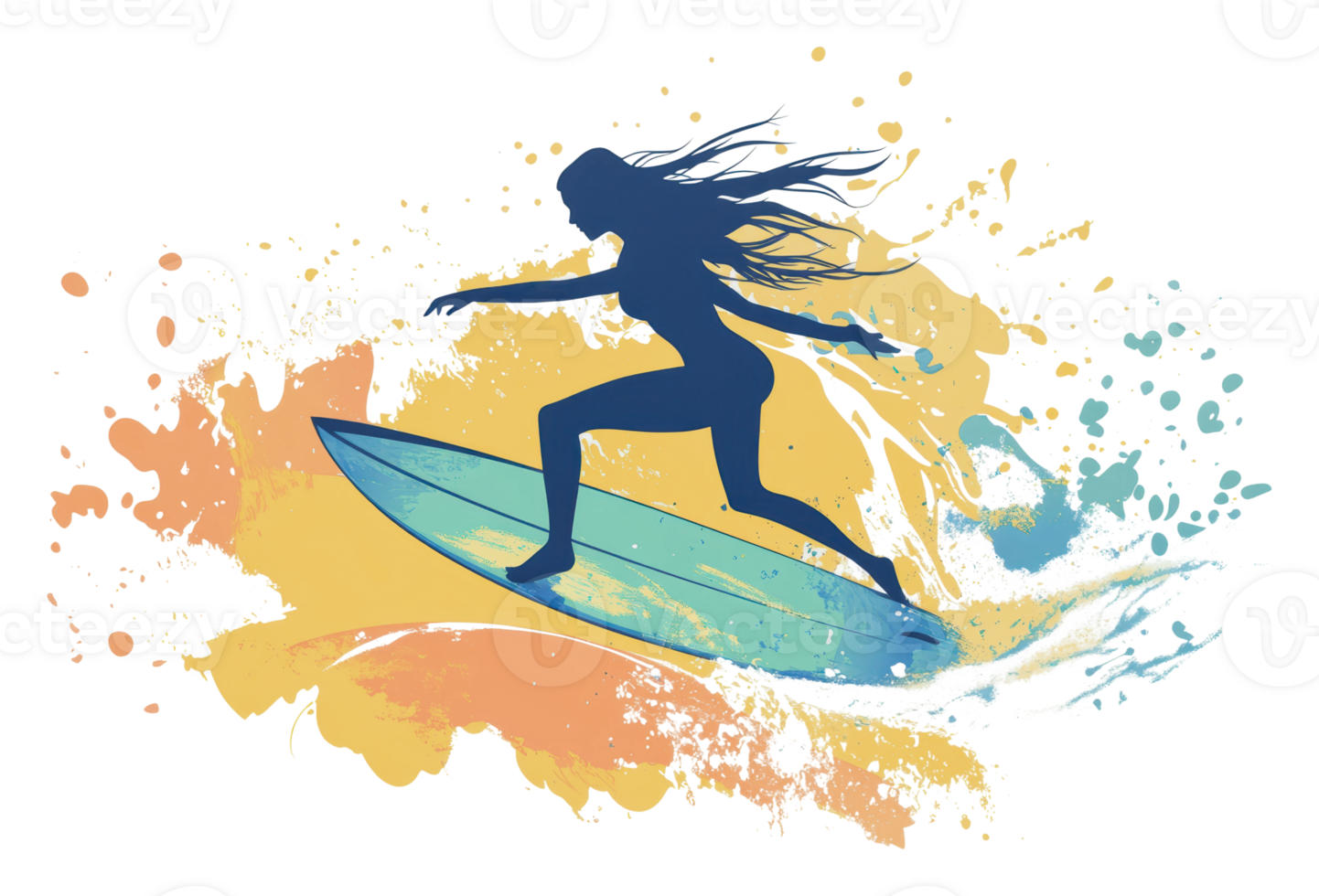 Surfer riding a wave against a colorful background png